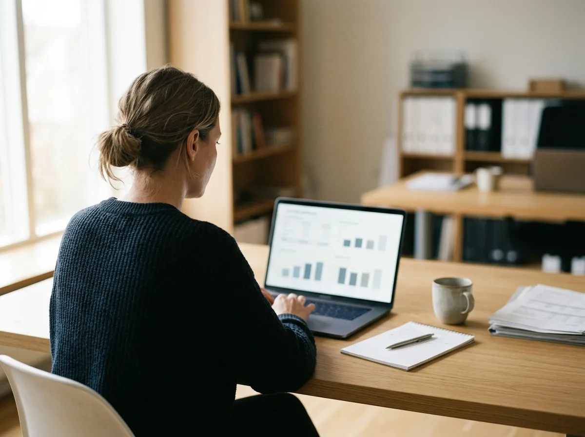 Personne consultant un tableau de trésorerie sur un ordinateur portable, bureau clair, lumière du jour