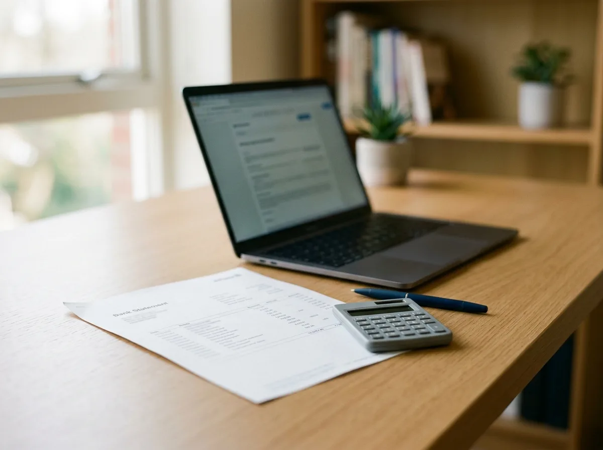 Relevé bancaire et calculatrice sur un bureau, à côté d'un ordinateur portable ouvert